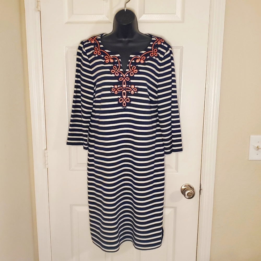 Talbots Navy Blue Long Sleeve Striped Embroidered Dress Size L